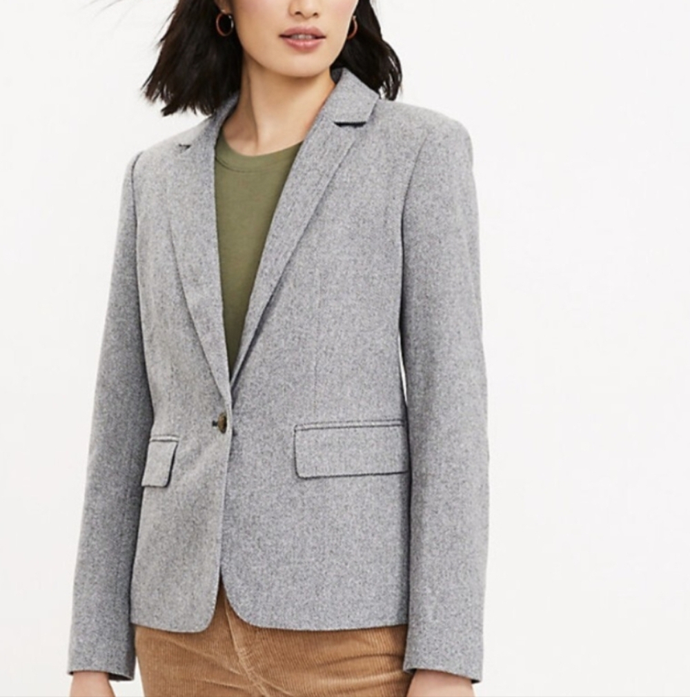 Loft Gray Herringbone Blazer with Single Button Size 2P NWOT